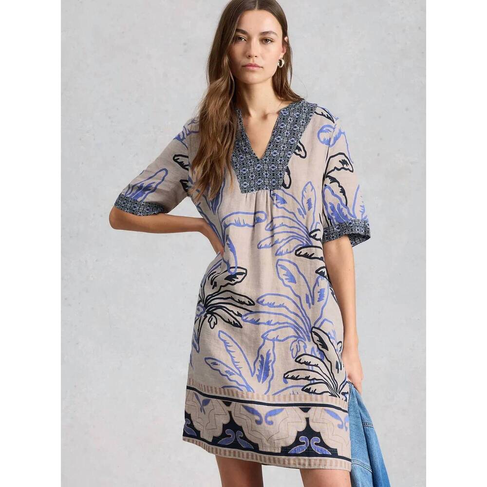 NEW WHITE STUFF ash linen mini dress in ivory multi